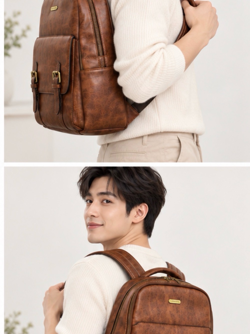 CHOLISS Classic Brown Faux-Leather Men’s Backpack with Dual Front Pockets